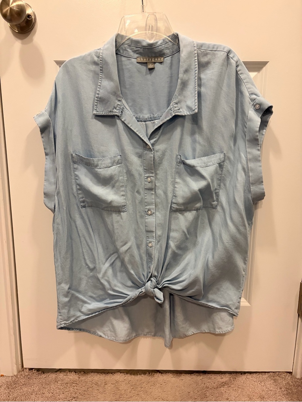 Sharagano Light Blue Button-Front Tie Hem Shirt
